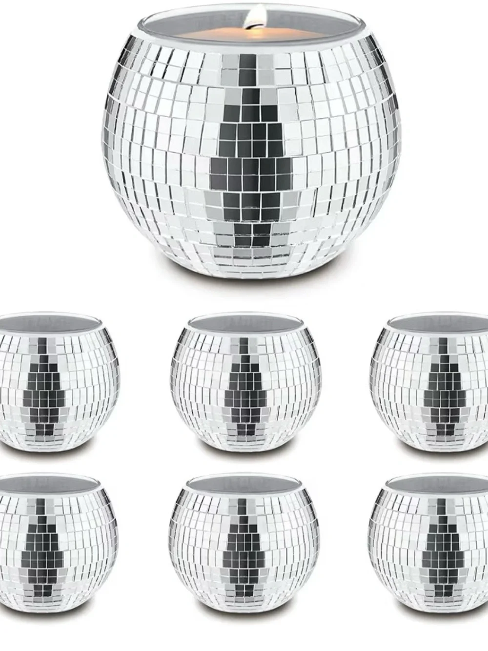 New Set of 6 Silver Mini Mosaic Disco Ball Candle Holders
